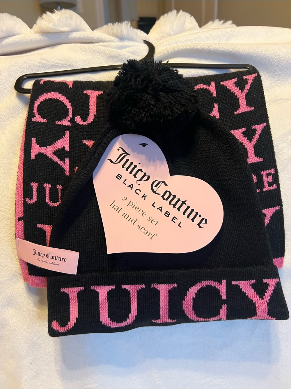 Juicy Couture Kids Black and Pink Knit Pom Hat & Scarf Set